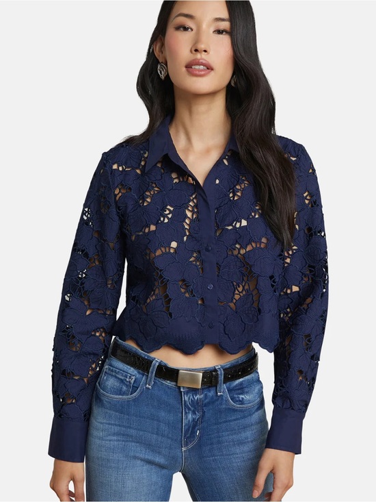 L'AGENCE Tops - L'AGENCE Seychelle Lace Cropped Blouse Navy Small